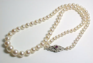 Cropp & Farr vintage Akoya pearl necklace, ruby & diamond clasp
