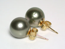 Load image into Gallery viewer, 10mm pistachio Tahitian pearl &amp; 18 carat gold earrings