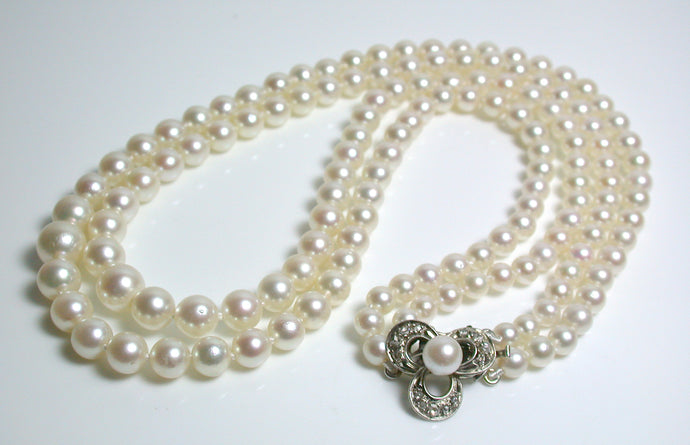 Antique double strand cultured Akoya pearl, diamond & 14 carat necklace in original box