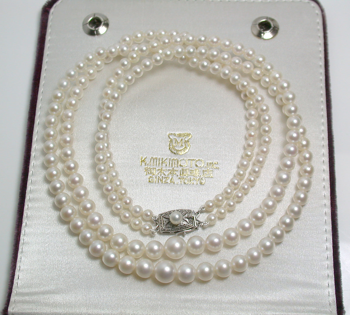 Vintage Mikimoto double strand cultured Akoya pearl & silver