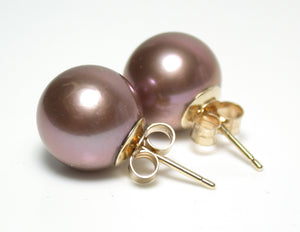 11.5mm metallic "Edison" pink-bronze pearl & 9 carat gold earrings