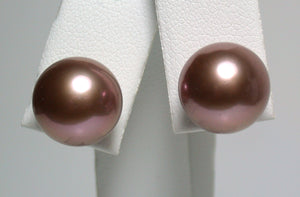 11.5mm metallic "Edison" pink-bronze pearl & 9 carat gold earrings