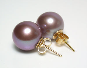 11.5mm metallic "Edison" pink-purple pearl & 18 carat gold earrings
