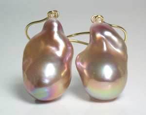 15x22mm metallic exotic purple pearl & 9ct gold earrings