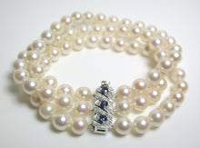 Load image into Gallery viewer, 7.25 inch 6.5mm Akoya cultured pearl, diamond, sapphire &amp; 9ct white gold bracelet