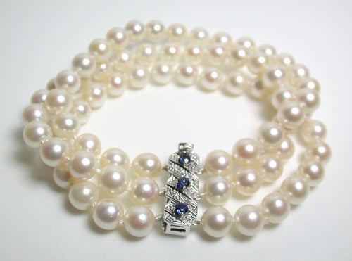 7.25 inch 6.5mm Akoya cultured pearl, diamond, sapphire & 9ct white gold bracelet