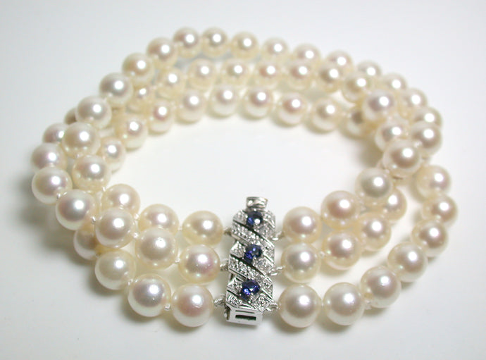 7.25 inch 6.5mm Akoya cultured pearl, diamond, sapphire & 9ct white gold bracelet