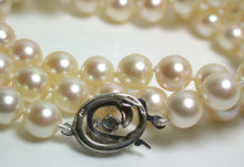 Load image into Gallery viewer, 23 inch 7-7.5mm Akoya cultured pearl, sapphire &amp; 9 carat white gold necklace