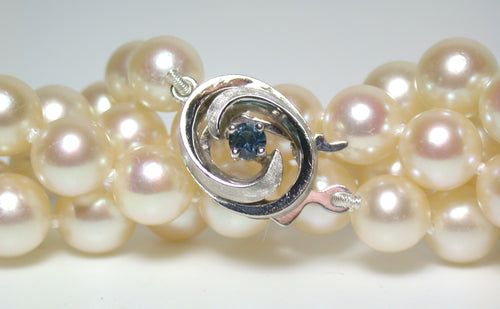 23 inch 7-7.5mm Akoya cultured pearl, sapphire & 9 carat white gold necklace