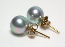 Load image into Gallery viewer, 8mm silver-blue Japanese Akoya pearl &amp; 14 carat gold earrings
