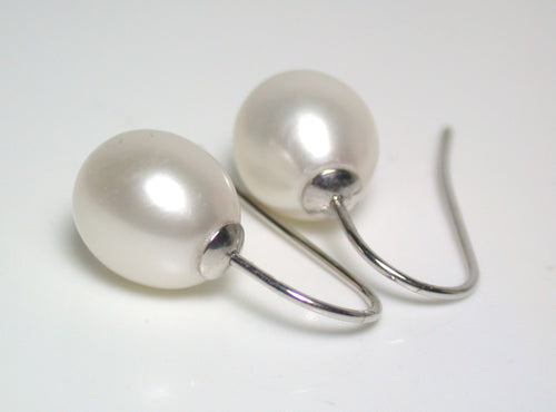 Modern 9.5x11.5mm white freshwater pearl & sterling silver earrings