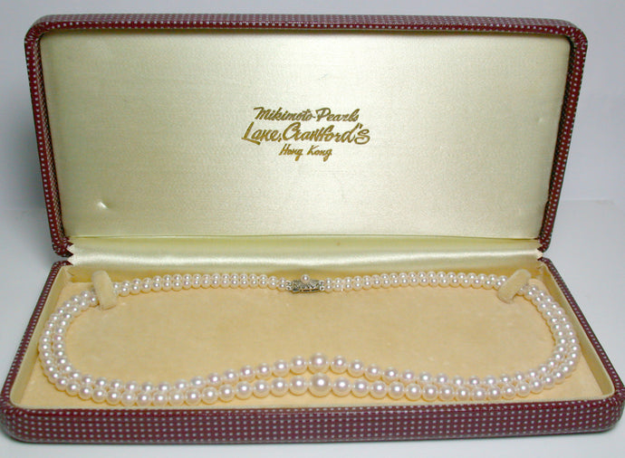 Vintage Mikimoto double strand cultured Akoya pearl & 9ct white gold necklace in original box