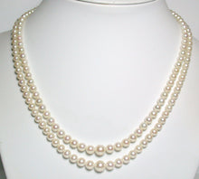 Load image into Gallery viewer, Vintage Mikimoto double strand cultured Akoya pearl &amp; 9ct white gold necklace in original box