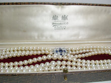 Load image into Gallery viewer, Yamanaka Art Deco triple strand cultured Akoya pearl, sapphire &amp; gold necklace in original box