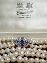 Load image into Gallery viewer, Yamanaka Art Deco triple strand cultured Akoya pearl, sapphire &amp; gold necklace in original box
