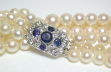 Load image into Gallery viewer, Yamanaka Art Deco triple strand cultured Akoya pearl, sapphire &amp; gold necklace in original box