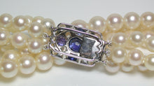 Load image into Gallery viewer, Yamanaka Art Deco triple strand cultured Akoya pearl, sapphire &amp; gold necklace in original box