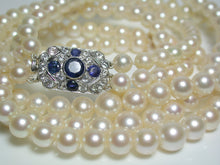 Load image into Gallery viewer, Yamanaka Art Deco triple strand cultured Akoya pearl, sapphire &amp; gold necklace in original box