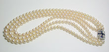 Load image into Gallery viewer, Yamanaka Art Deco triple strand cultured Akoya pearl, sapphire &amp; gold necklace in original box
