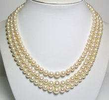 Load image into Gallery viewer, Yamanaka Art Deco triple strand cultured Akoya pearl, sapphire &amp; gold necklace in original box