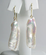 Load image into Gallery viewer, 31x11mm white biwa freshwater pearl &amp; 9ct gold earrings