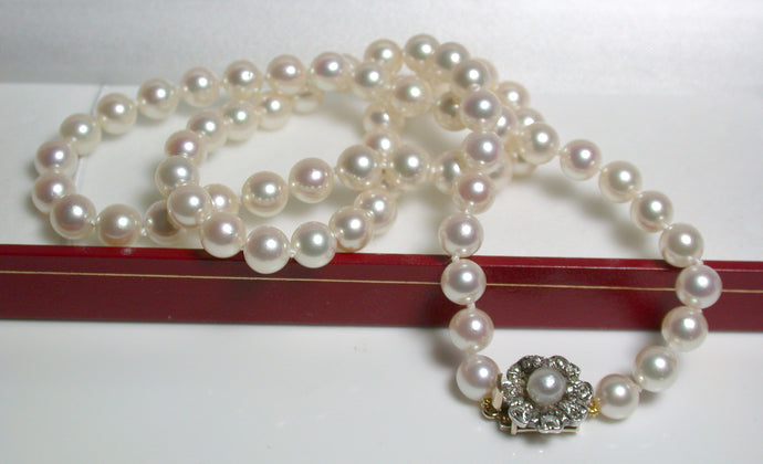 6-6.5mm Akoya pearl necklace with antique diamond & pearl clasp