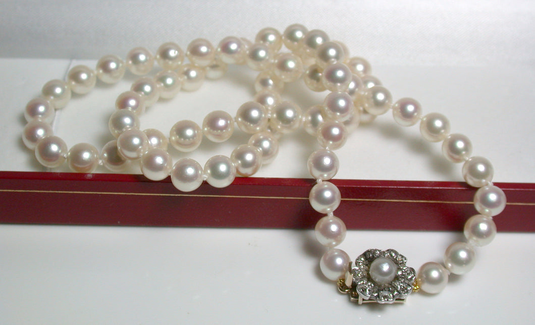 6-6.5mm Akoya pearl necklace with antique diamond & pearl clasp