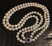 Load image into Gallery viewer, Vintage double 6-9mm Akoya saltwater pearl, 9ct gold, amethyst &amp; diamond necklace