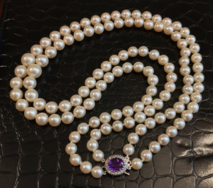 Vintage double 6-9mm Akoya saltwater pearl, 9ct gold, amethyst & diamond necklace