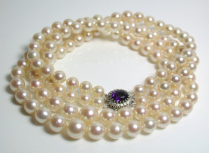 Vintage double 6-9mm Akoya saltwater pearl, 9ct gold, amethyst & diamond necklace