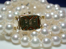 Load image into Gallery viewer, Vintage Mikimoto double strand cultured Akoya pearl &amp; 18ct gold necklace in original box