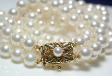 Load image into Gallery viewer, Vintage Mikimoto double strand cultured Akoya pearl &amp; 18ct gold necklace in original box