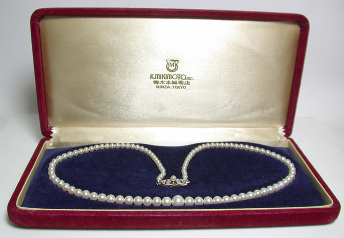Vintage Mikimoto cultured Akoya pearl & silver necklace in original box