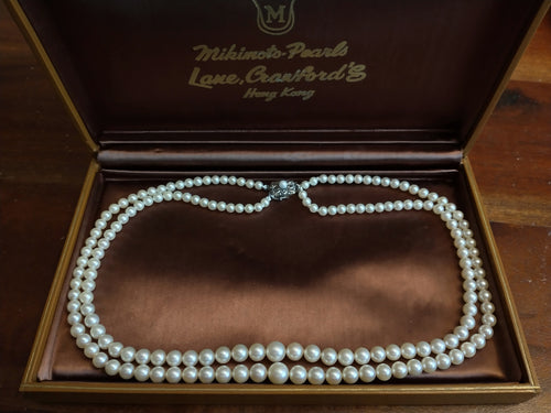 Vintage Mikimoto double strand cultured Akoya pearl & silver necklace in original box