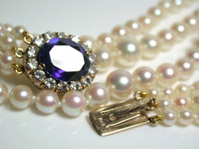 Load image into Gallery viewer, Vintage Akoya saltwater pearl, sapphire &amp; gold triple strand necklace