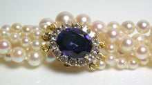 Load image into Gallery viewer, Vintage Akoya saltwater pearl, sapphire &amp; gold triple strand necklace
