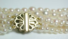Load image into Gallery viewer, Vintage Akoya saltwater pearl, sapphire &amp; gold triple strand necklace