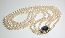 Load image into Gallery viewer, Vintage Akoya saltwater pearl, sapphire &amp; gold triple strand necklace