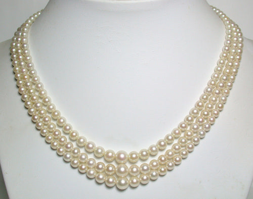 Vintage triple 3.4-7.2mm Akoya saltwater pearl & silver necklace