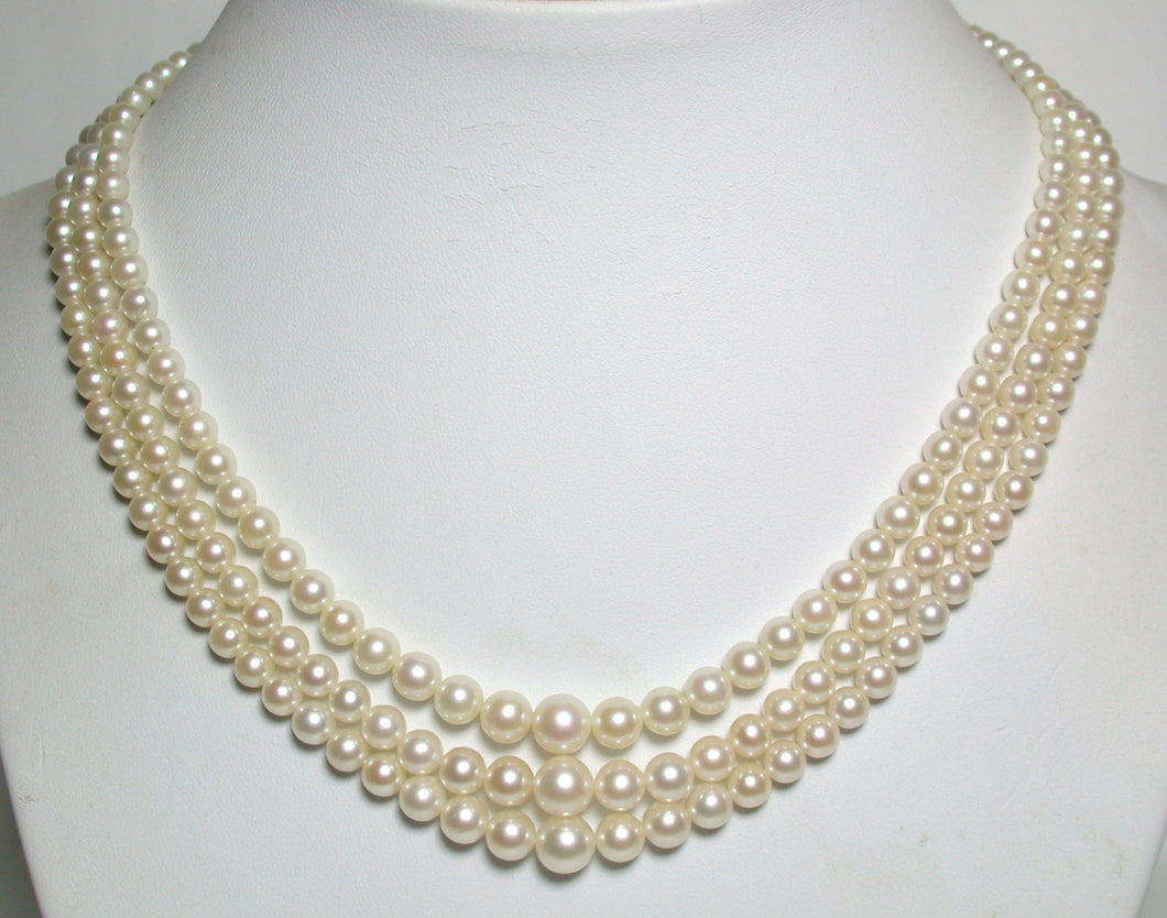 Vintage triple 3.4-7.2mm Akoya saltwater pearl & silver necklace