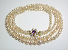 Load image into Gallery viewer, Vintage AAA Akoya saltwater pearl, amethyst &amp; gold double strand necklace