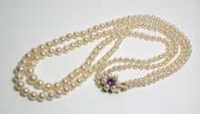 Load image into Gallery viewer, Vintage AAA Akoya saltwater pearl, amethyst &amp; gold double strand necklace