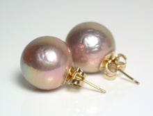 Load image into Gallery viewer, 13mm metallic &quot;Edison&quot; pink-gold pearl &amp; 9 carat gold earrings