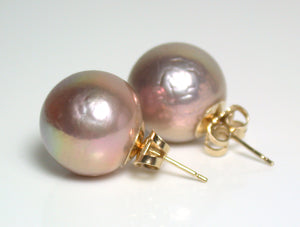 13mm metallic "Edison" pink-gold pearl & 9 carat gold earrings