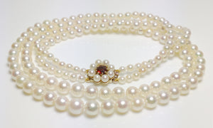Vintage double 3-6.5mm Akoya saltwater pearl, 9ct gold & garnet necklace