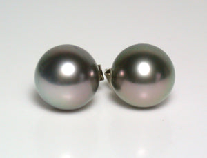 9.7mm pink/green overtone Tahitian pearl & 18 carat white gold earrings