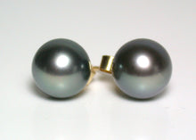 Load image into Gallery viewer, 9.7mm blue/green overtone Tahitian pearl &amp; 18 carat gold earrings