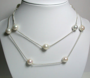 33" 11mm white ripple pearl & sterling silver station necklace