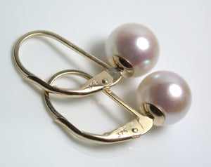 7.5mm white Japanese Akoya pearl & carat gold leverback earrings