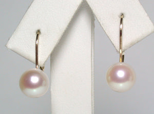 7.5mm white Japanese Akoya pearl & carat gold leverback earrings